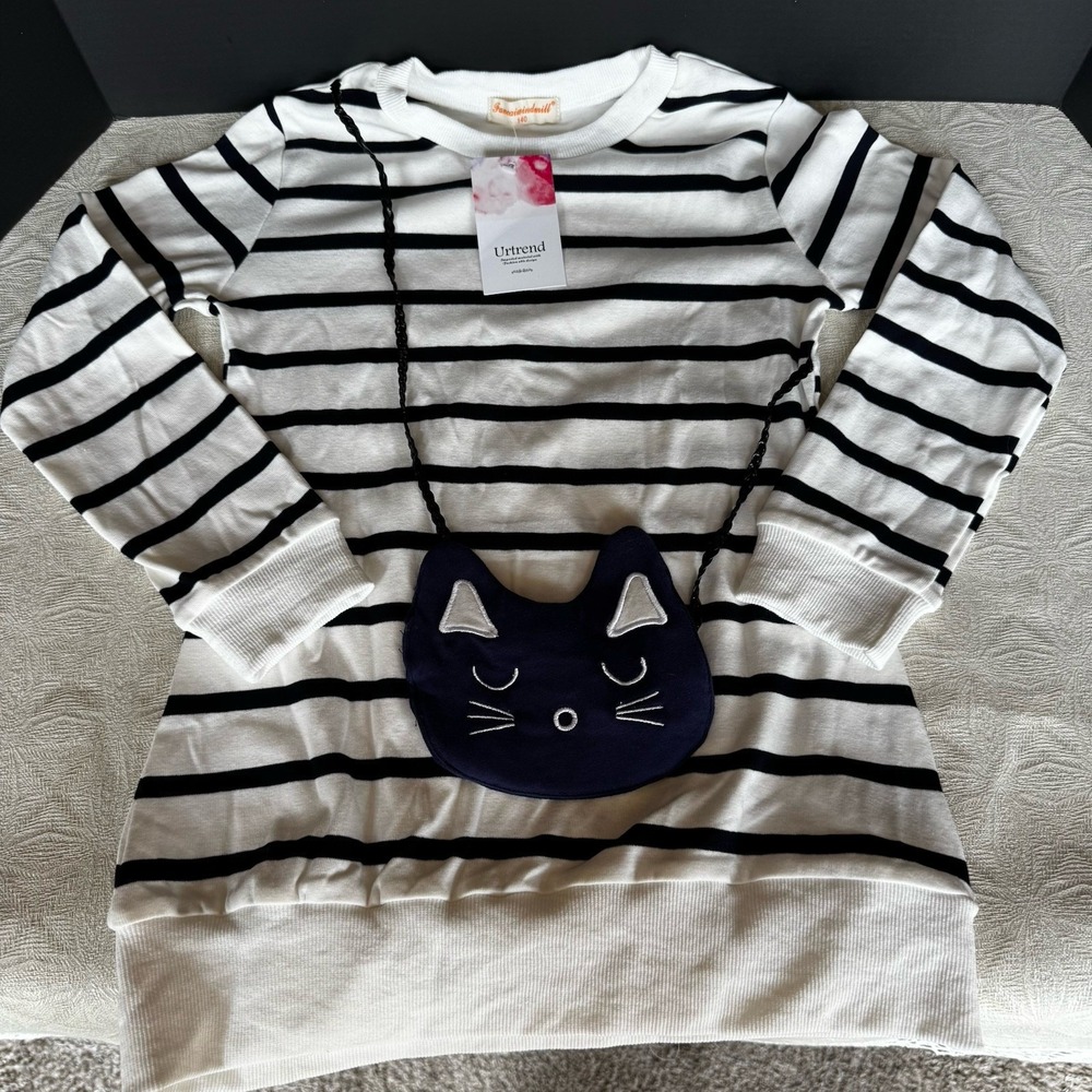 Girls Spring Autumn Winter Striped Long Sleeve Sweater Top With Bag ~ Cat